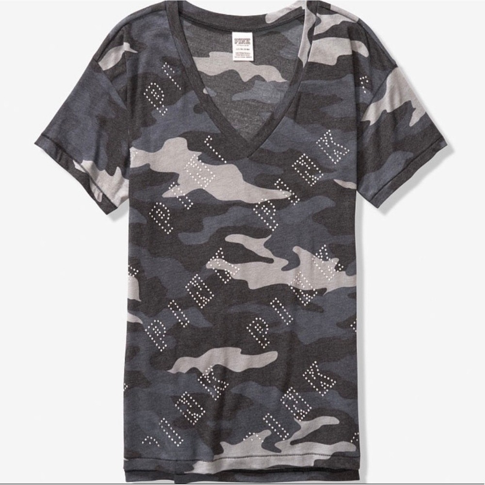 Vs PINK | Camo Crystal logo Bling Varsity T shirt